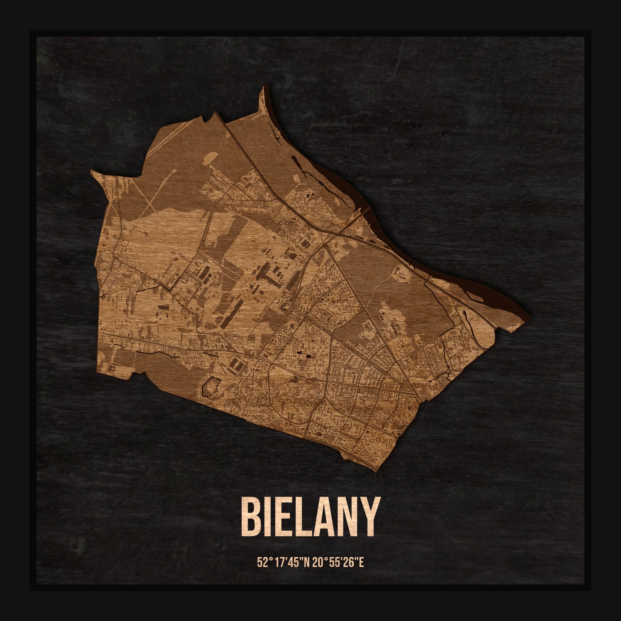Drewniana mapa dzielnicy Bielany w ramce 25×25: kontur dzielnicy na czarnej płycie, ulice, budynki, zieleń i woda