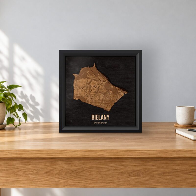 Bielany (Warszawa) - drewniana mapa dzielnicy w ramce