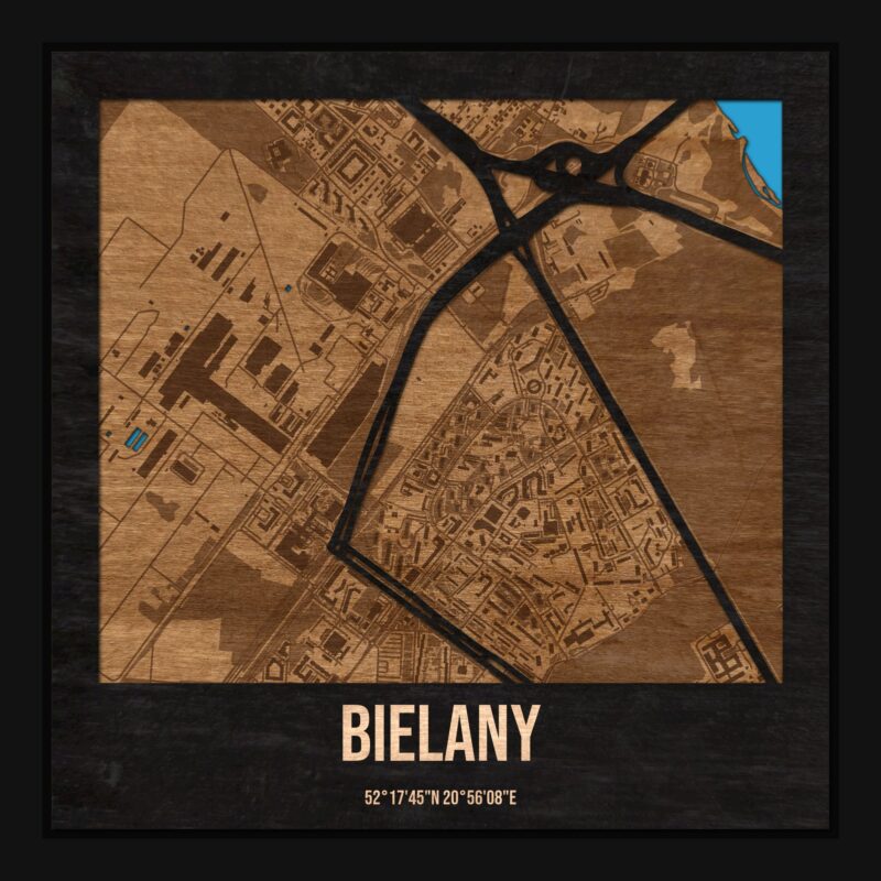 Bielany (Warszawa) - drewniana mapa dzielnicy z siatką ulic w ramce