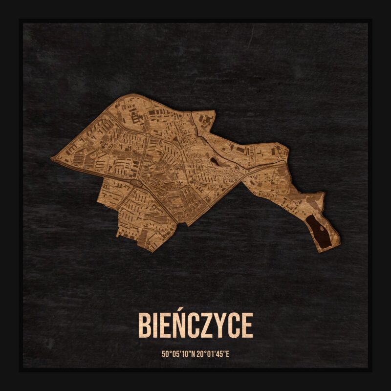 Drewniana mapa dzielnicy Bieńczyce w ramce 25×25: kontur dzielnicy na czarnej płycie, ulice, budynki, zieleń i woda