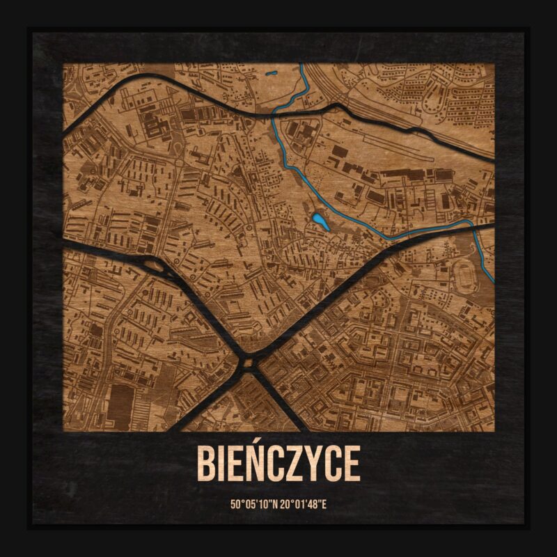 Bieńczyce (Kraków) - drewniana mapa dzielnicy z siatką ulic w ramce