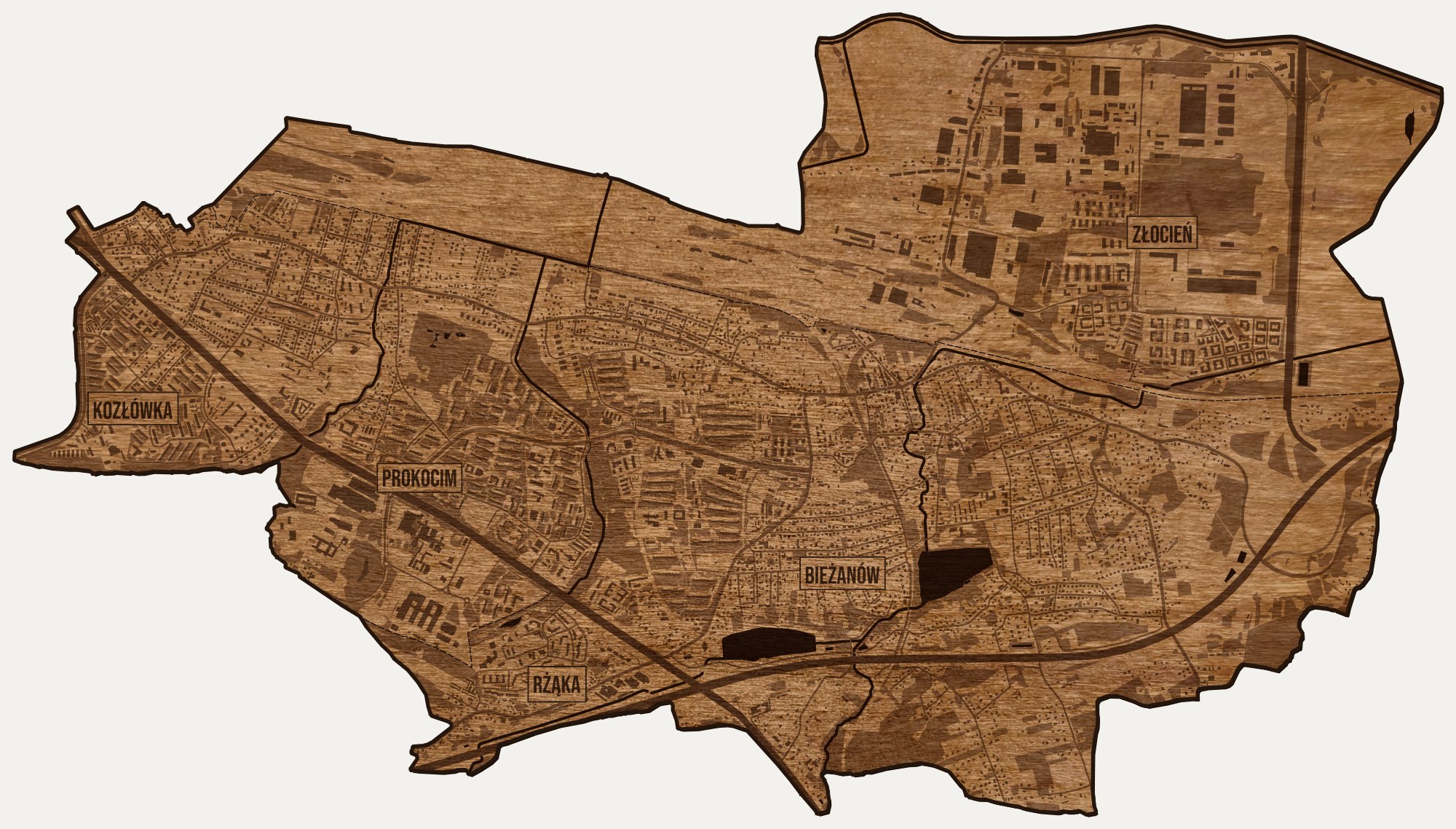 Drewniana mapa dzielnicy Bieżanów-Prokocim (Kraków) na ścianę z jednego kawałka, granice osiedli wygrawerowane