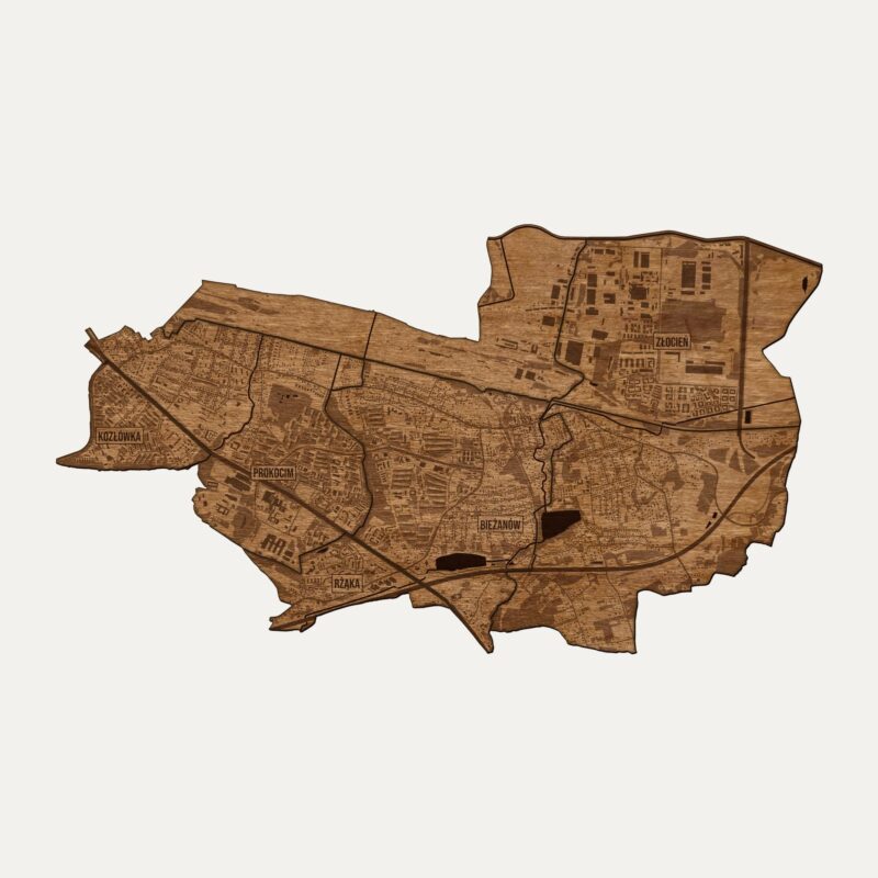 Bieżanów-Prokocim (Kraków) - drewniana mapa dzielnicy na ścianę