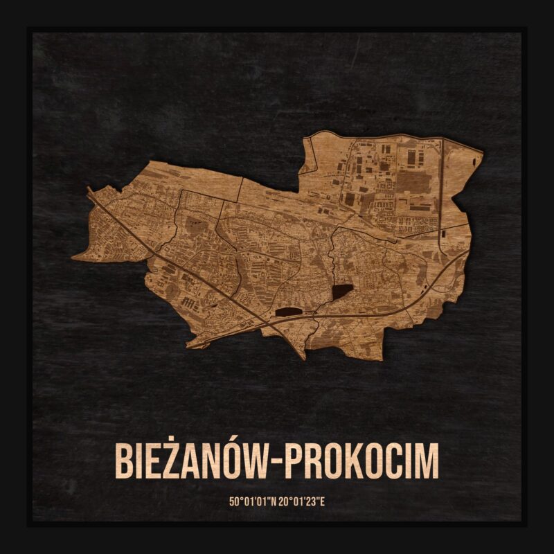 Drewniana mapa dzielnicy Bieżanów-Prokocim w ramce 25×25: kontur dzielnicy na czarnej płycie, ulice, budynki, zieleń i woda