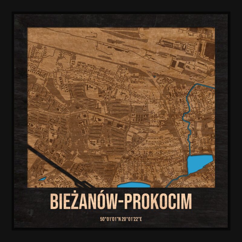 Bieżanów-Prokocim (Kraków) - drewniana mapa dzielnicy z siatką ulic w ramce