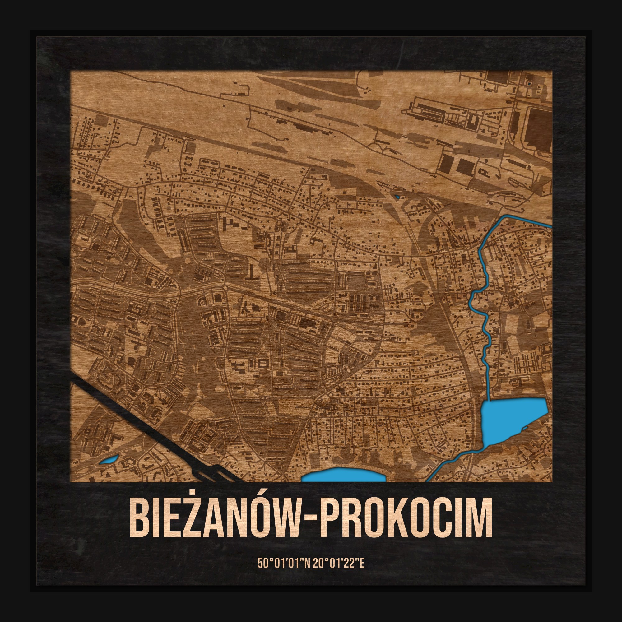Bieżanów-Prokocim (Kraków) - drewniana mapa dzielnicy z siatką ulic w ramce