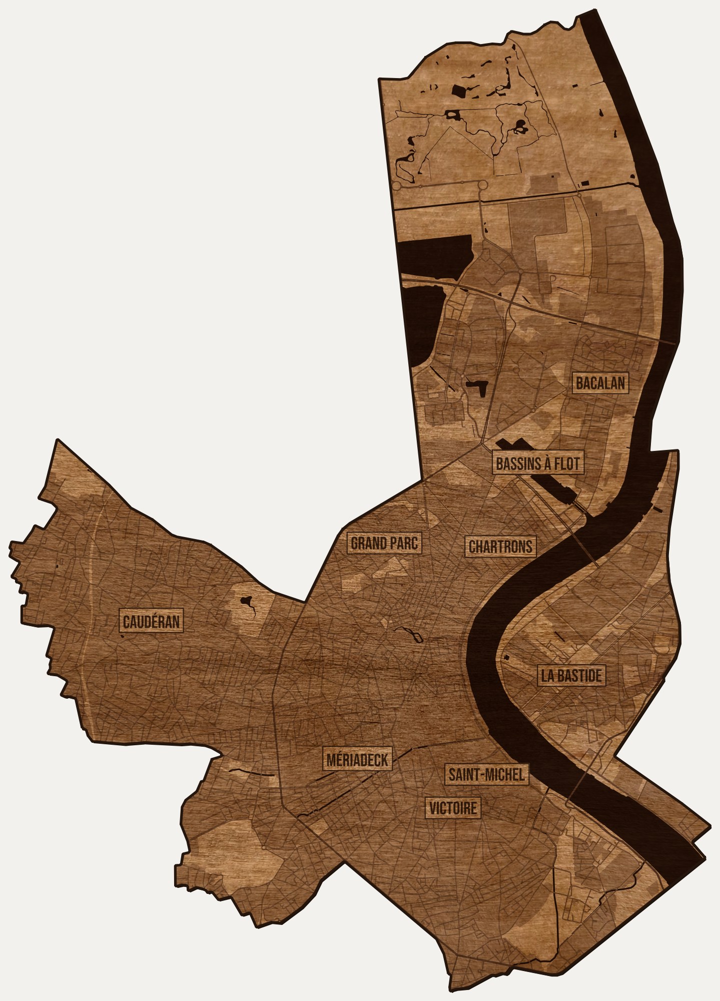 Drewniana mapa Bordeaux na ścianę z jednego kawałka, granice dzielnic wygrawerowane