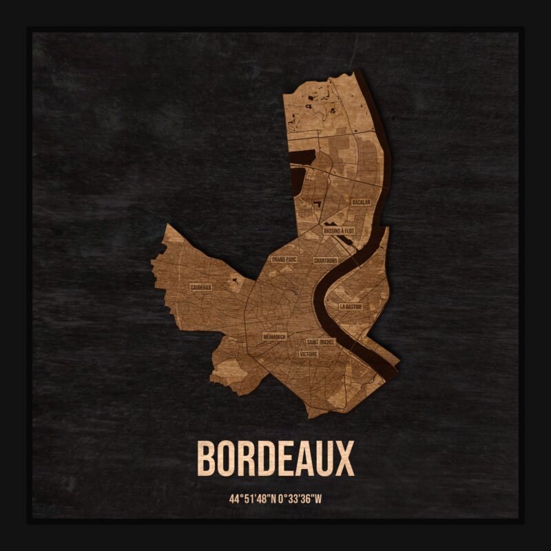 Drewniana mapa Bordeaux w ramce 25×25: kontur miasta na czarnej płycie, ulice, zabudowa, rzeki, granice i nazwy dzielnic