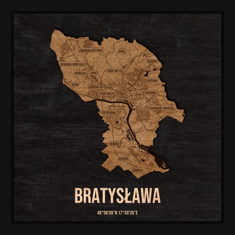 Drewniana mapa Bratysławy w ramce 25×25: kontur miasta na czarnej płycie, ulice, zabudowa, rzeki, granice i nazwy dzielnic