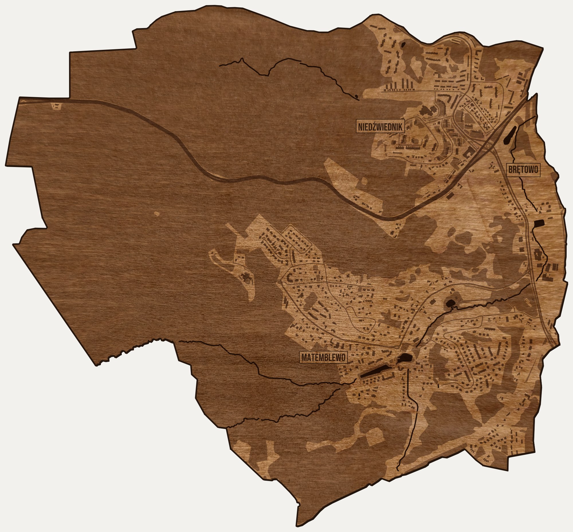 Drewniana mapa dzielnicy Brętowo (Gdańsk) na ścianę z jednego kawałka, granice osiedli wygrawerowane