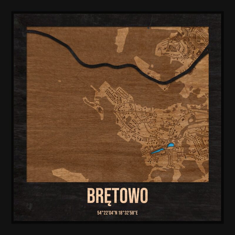 Brętowo (Gdańsk) - drewniana mapa dzielnicy z siatką ulic w ramce