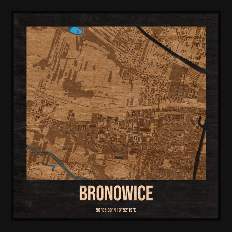 Bronowice (Kraków) - drewniana mapa dzielnicy z siatką ulic w ramce