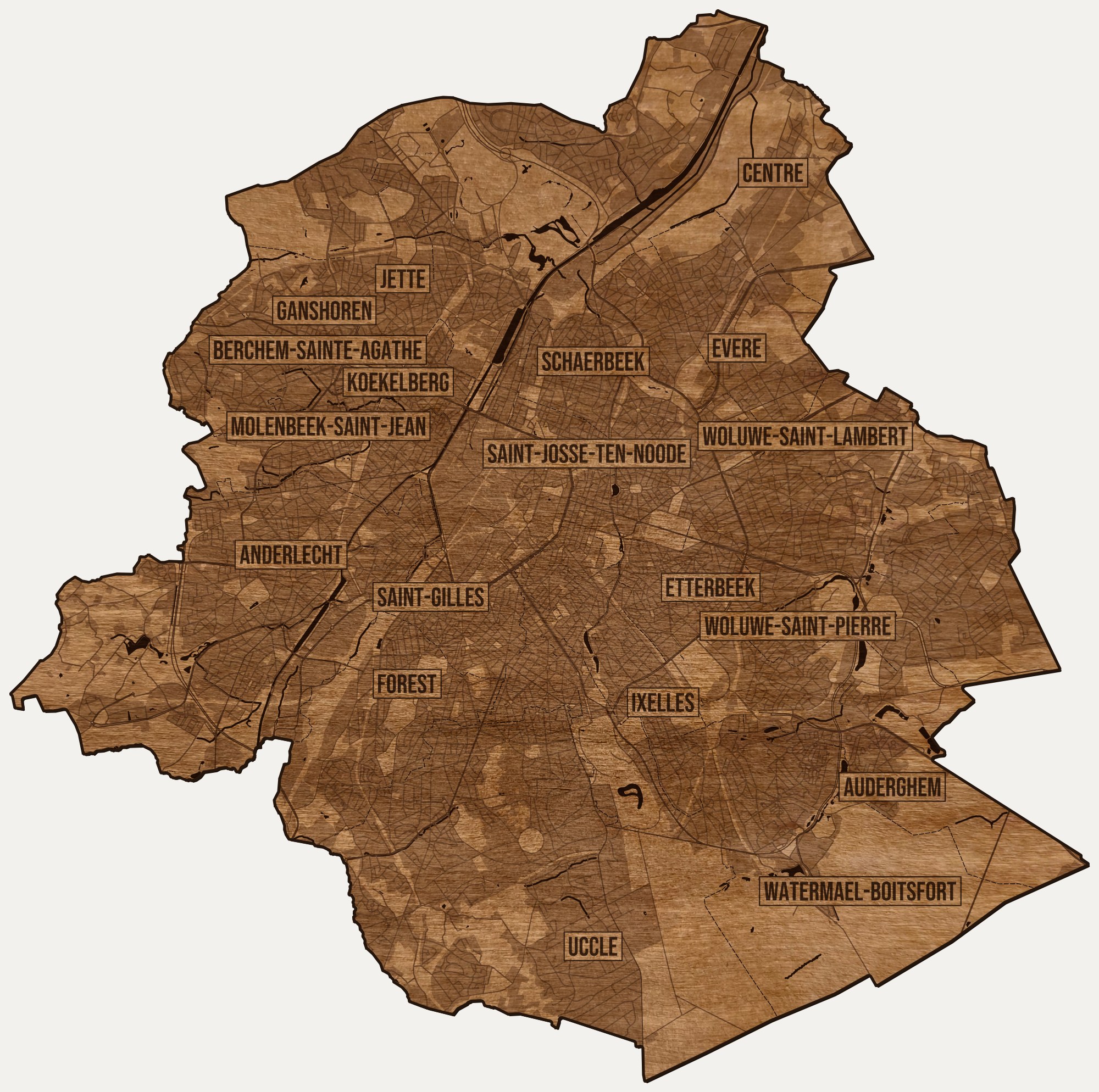 Drewniana mapa Brukseli na ścianę z jednego kawałka, granice dzielnic wygrawerowane