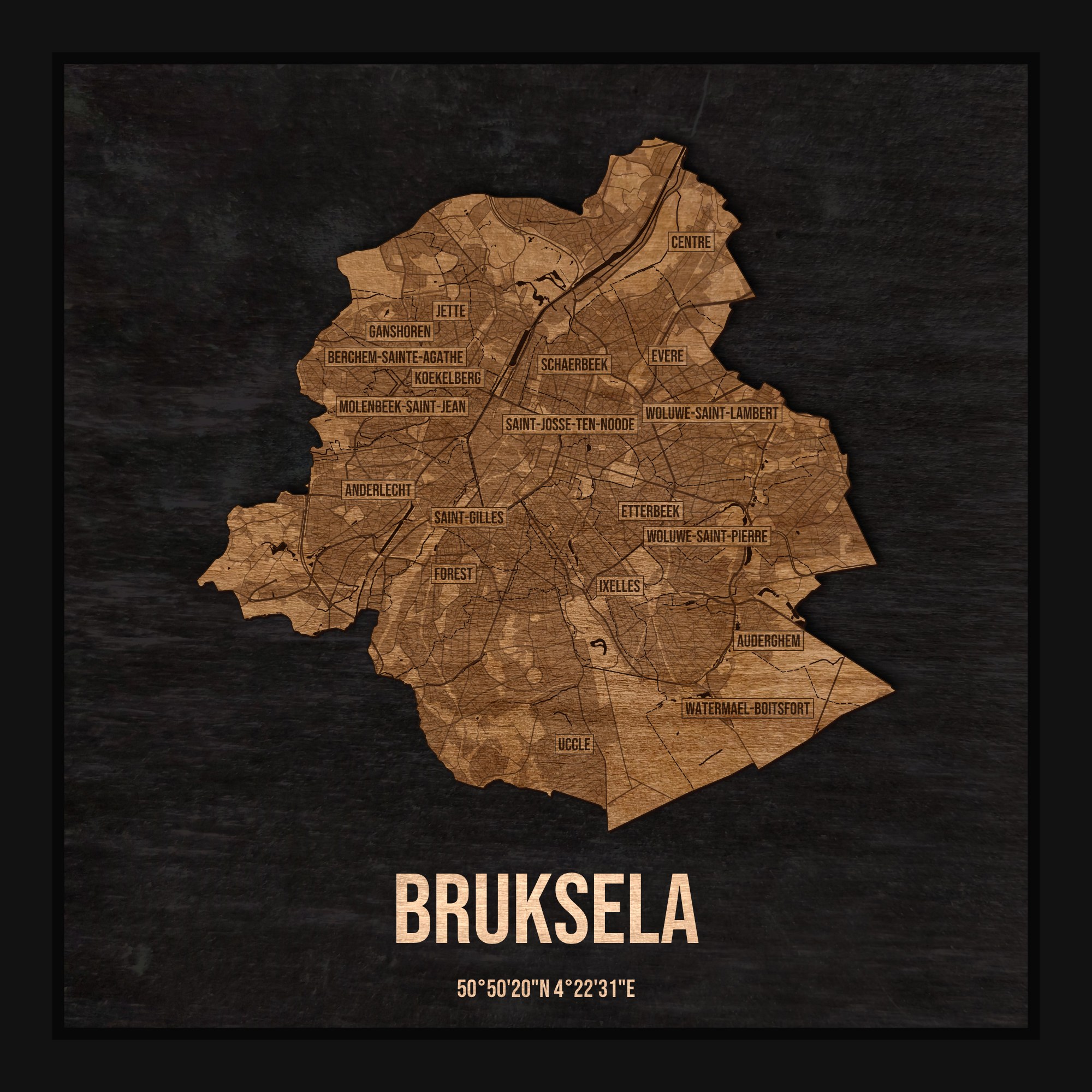 Drewniana mapa Brukseli w ramce 25×25: kontur miasta na czarnej płycie, ulice, zabudowa, rzeki, granice i nazwy dzielnic