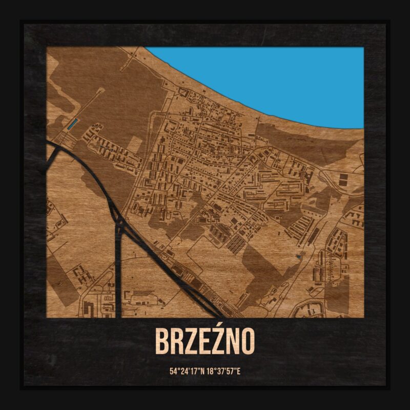 Brzeźno (Gdańsk) - drewniana mapa dzielnicy z siatką ulic w ramce