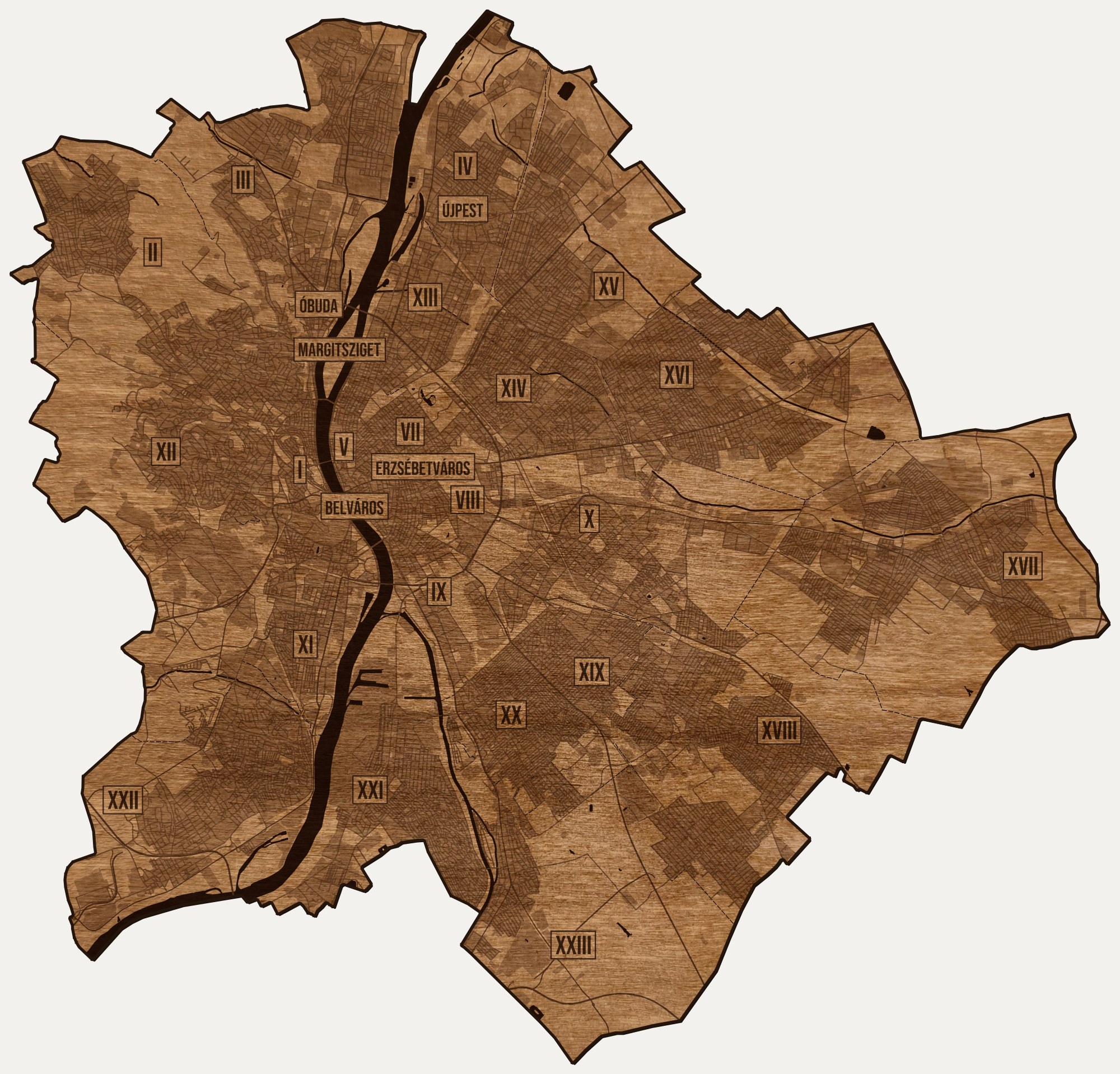 Drewniana mapa Budapesztu na ścianę z jednego kawałka, granice dzielnic wygrawerowane