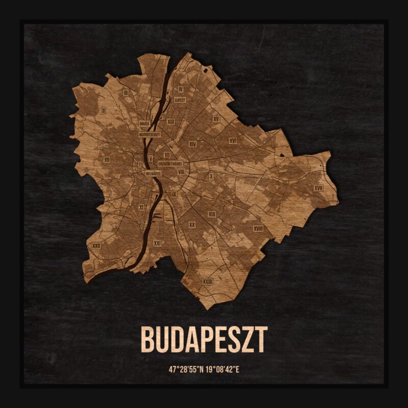 Drewniana mapa Budapesztu w ramce 25×25: kontur miasta na czarnej płycie, ulice, zabudowa, rzeki, granice i nazwy dzielnic