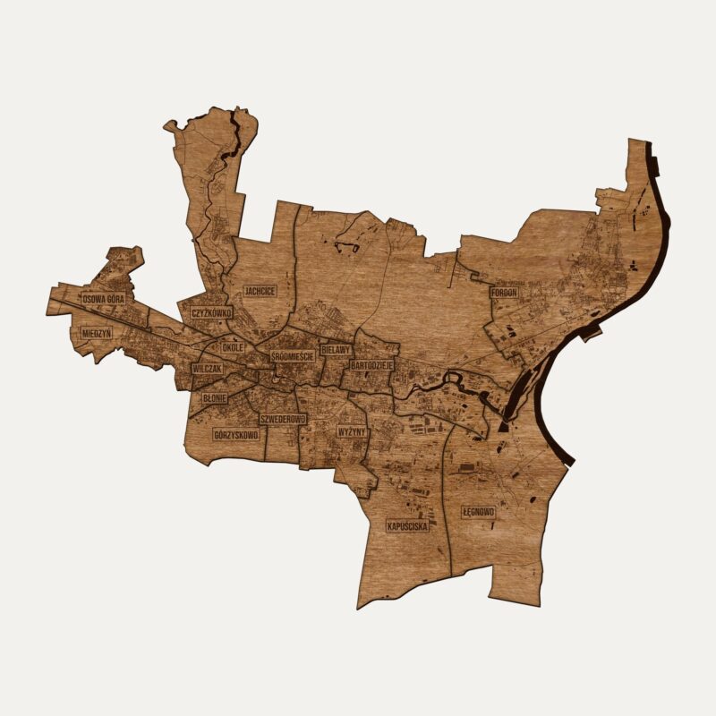 Bydgoszcz - drewniana mapa miasta na ścianę