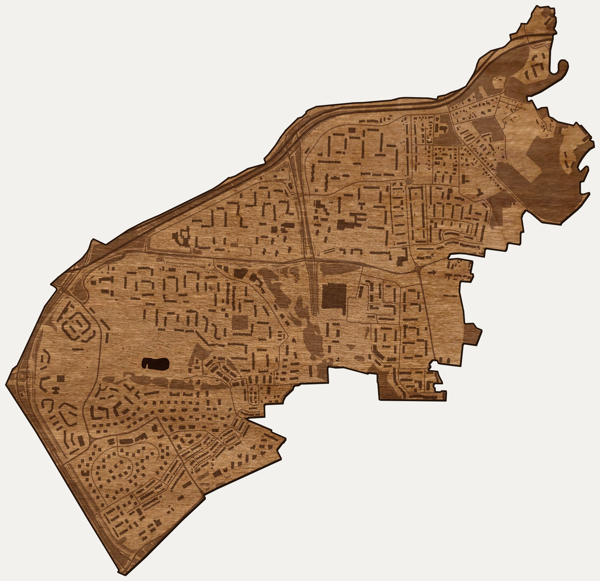 Drewniana mapa dzielnicy Chełm (Gdańsk) na ścianę z jednego kawałka, granice osiedli wygrawerowane