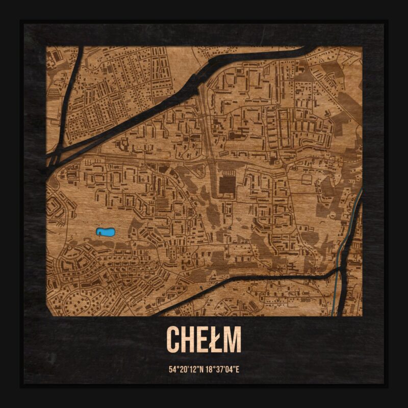 Chełm (Gdańsk) - drewniana mapa dzielnicy z siatką ulic w ramce