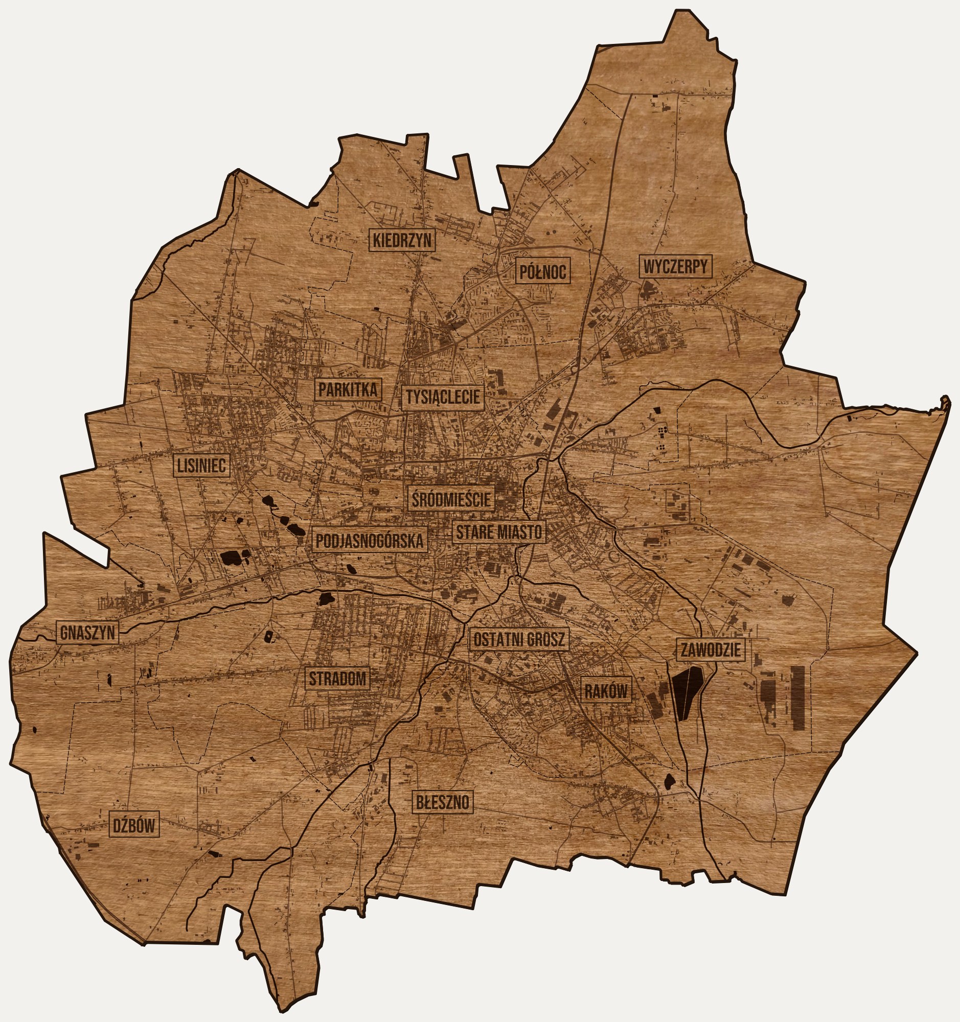 Drewniana mapa Częstochowy na ścianę z jednego kawałka, granice dzielnic wygrawerowane