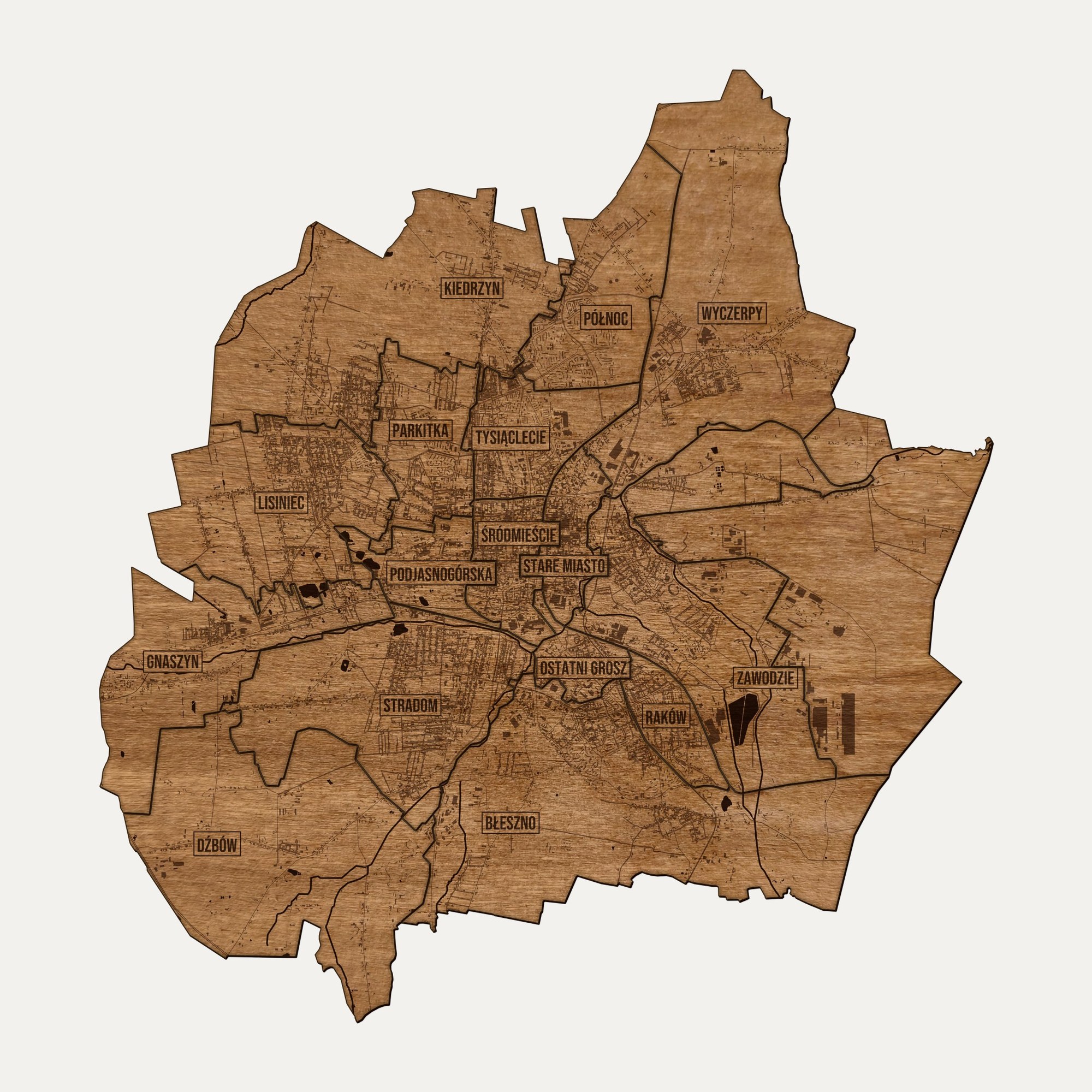 Częstochowa - drewniana mapa miasta na ścianę