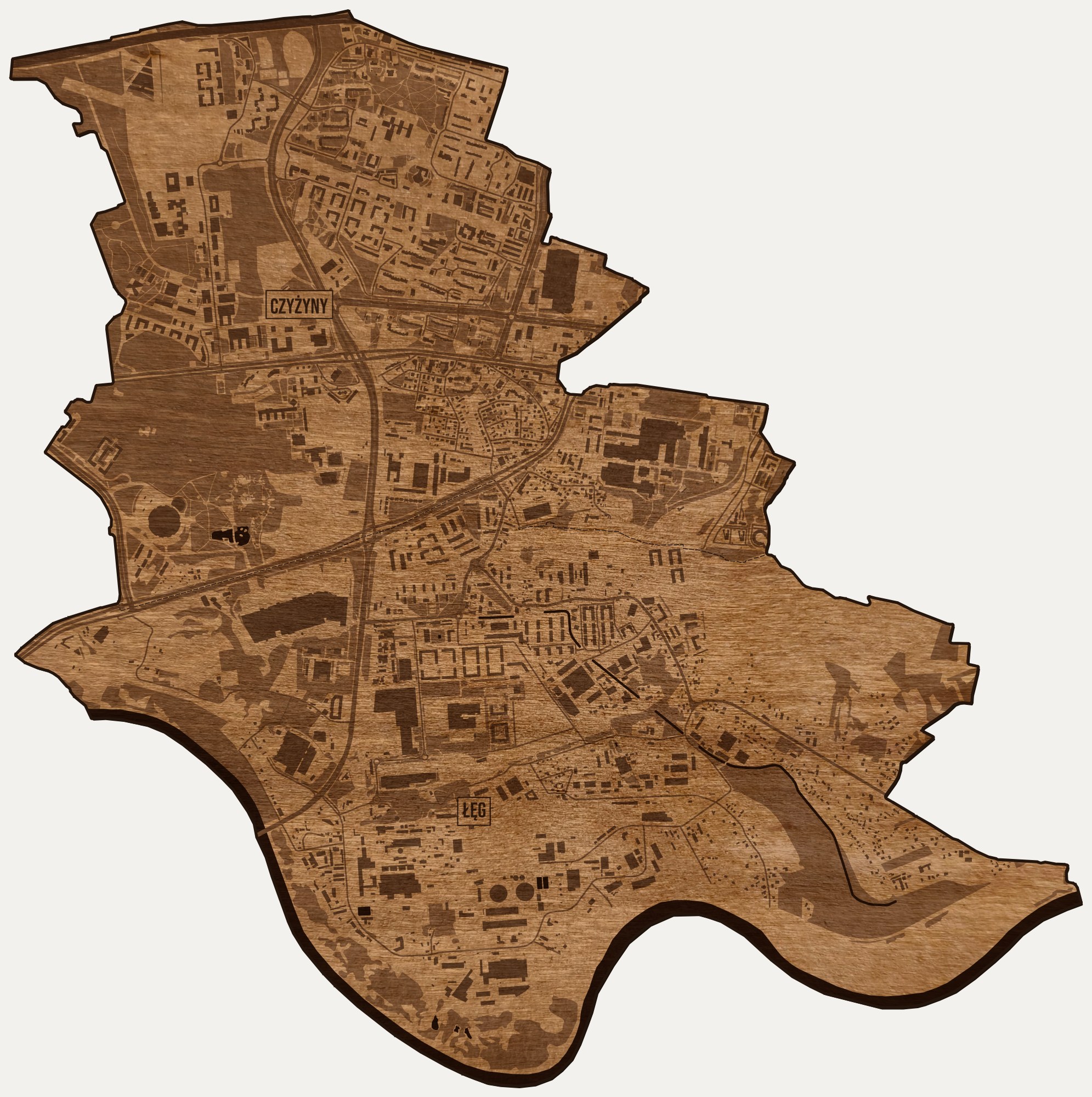 Drewniana mapa dzielnicy Czyżyny (Kraków) na ścianę z jednego kawałka, granice osiedli wygrawerowane
