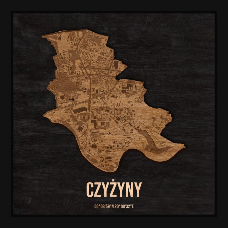 Drewniana mapa dzielnicy Czyżyny w ramce 25×25: kontur dzielnicy na czarnej płycie, ulice, budynki, zieleń i woda