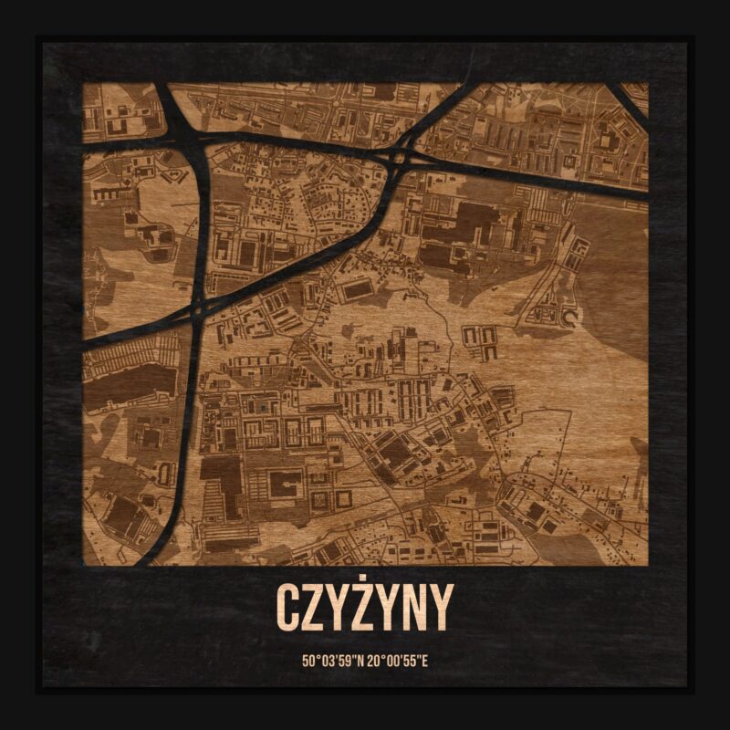 Czyżyny (Kraków) - drewniana mapa dzielnicy z siatką ulic w ramce