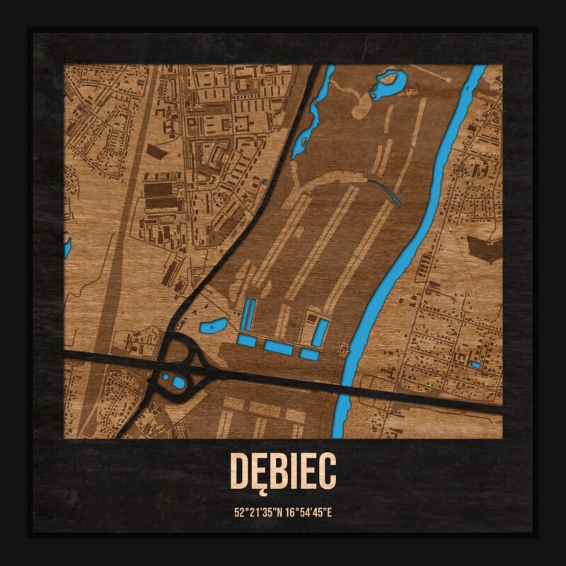 Dębiec (Poznań) - drewniana mapa dzielnicy z siatką ulic w ramce