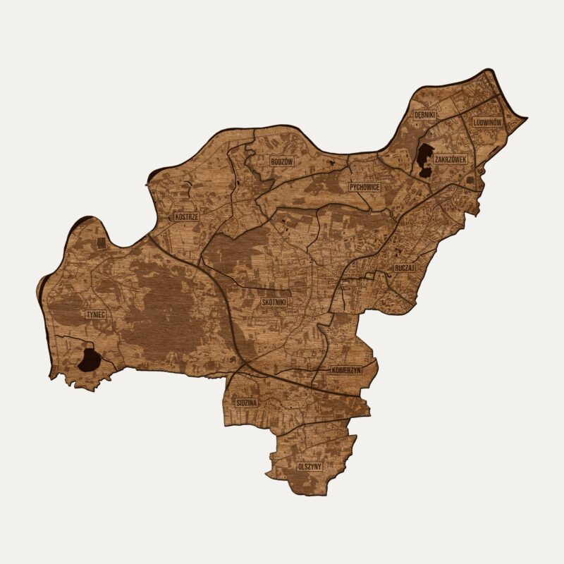 Dębniki (Kraków) - drewniana mapa dzielnicy na ścianę