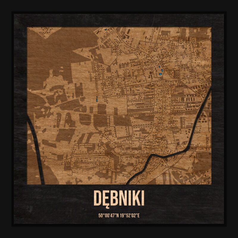 Dębniki (Kraków) - drewniana mapa dzielnicy z siatką ulic w ramce