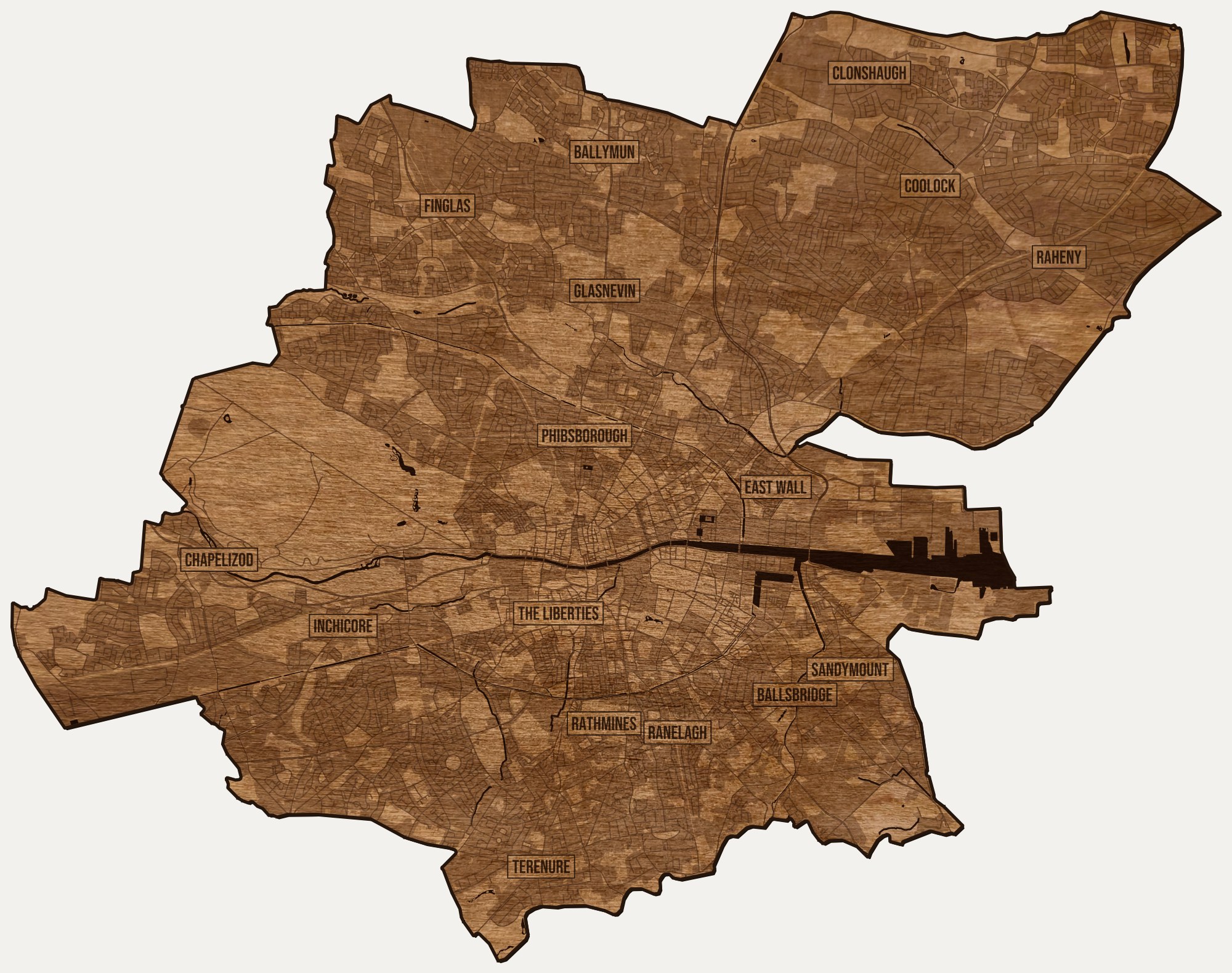 Drewniana mapa Dublina na ścianę z jednego kawałka, granice dzielnic wygrawerowane