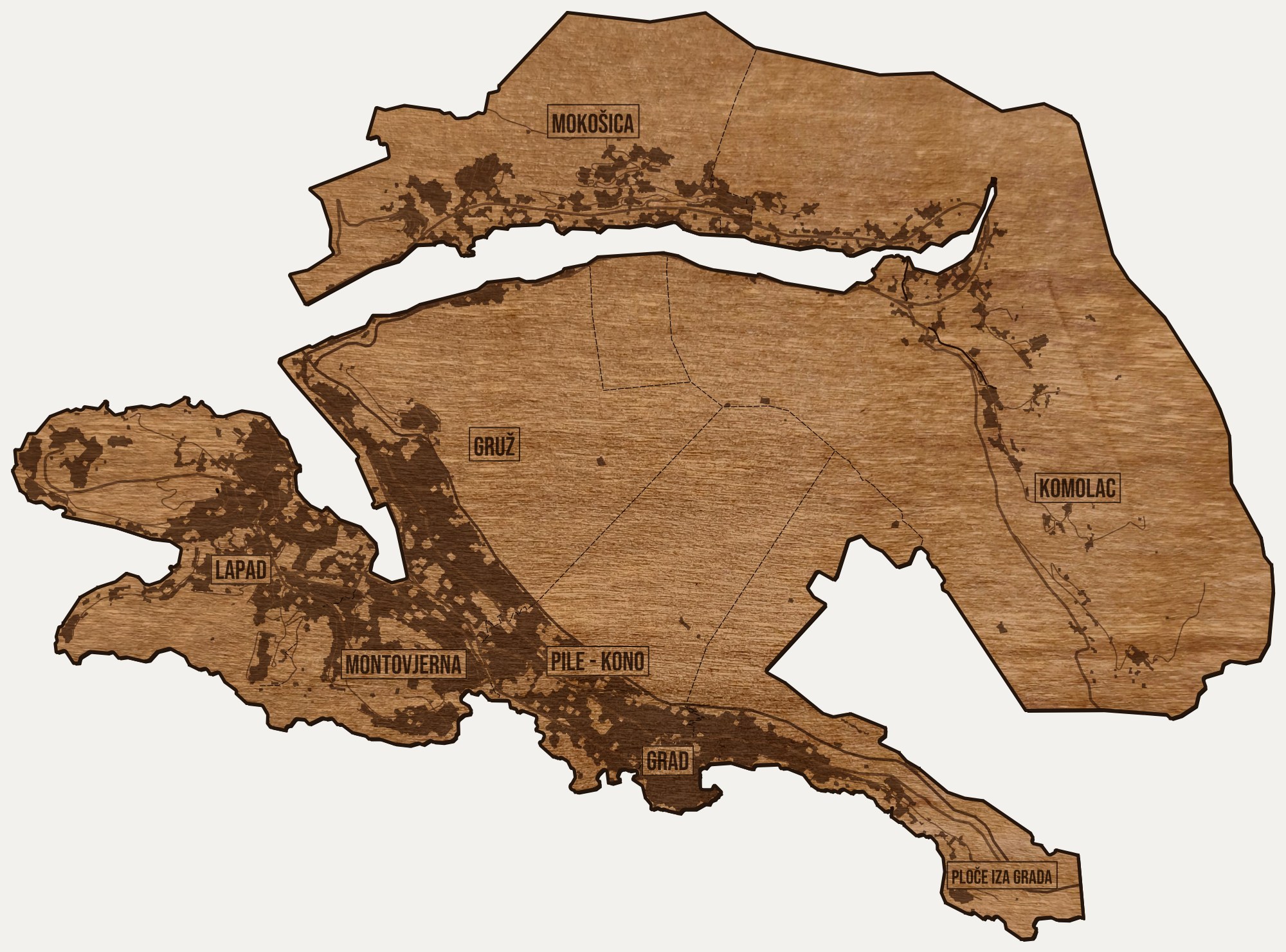 Drewniana mapa Dubrownika na ścianę z jednego kawałka, granice dzielnic wygrawerowane