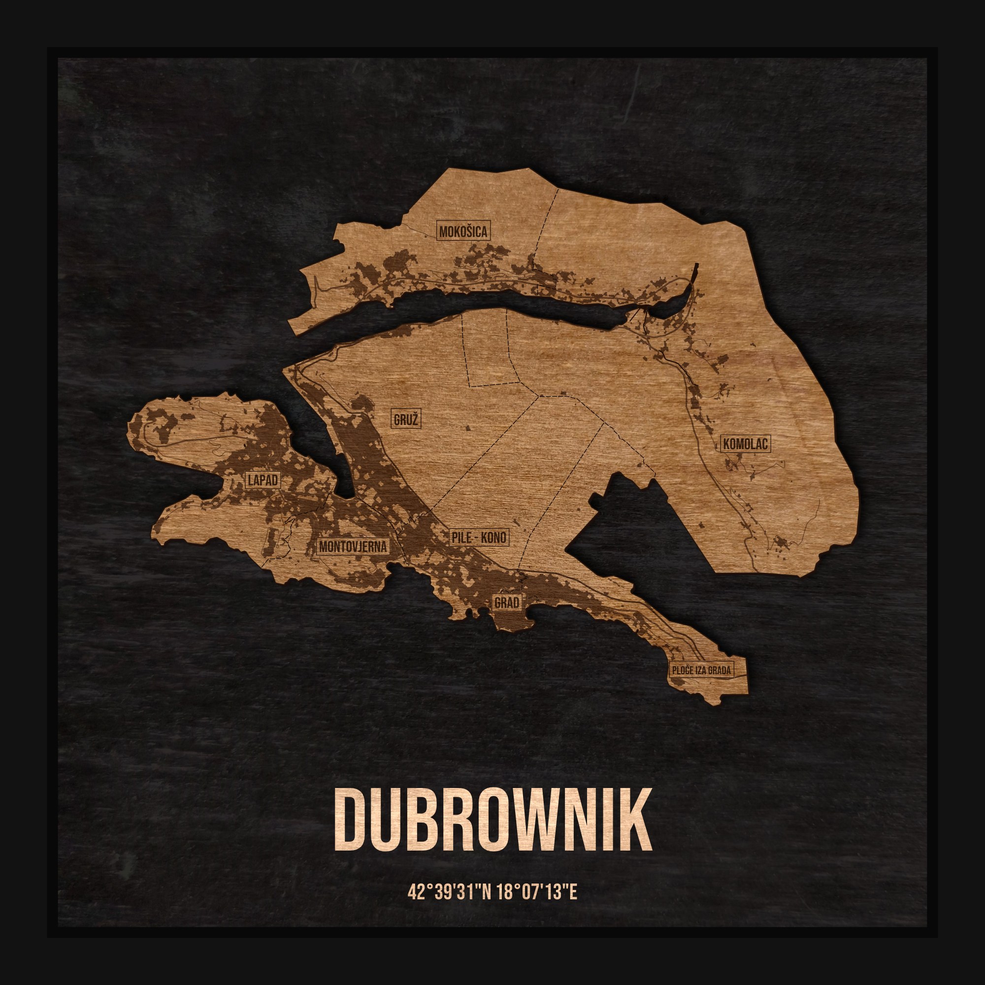 Drewniana mapa Dubrownika w ramce 25×25: kontur miasta na czarnej płycie, ulice, budynki, rzeki, granice i nazwy dzielnic
