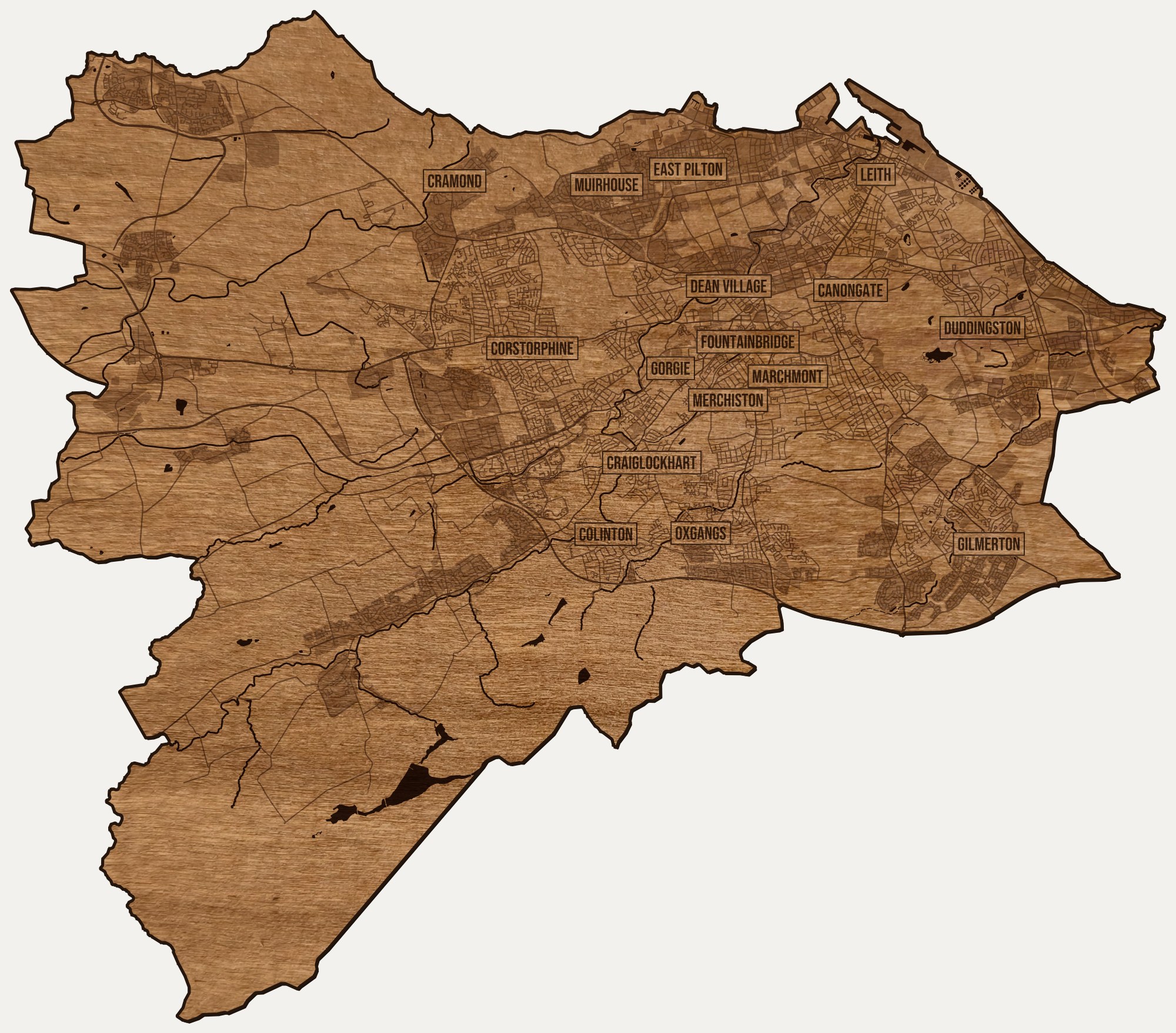 Drewniana mapa Edynburga na ścianę z jednego kawałka, granice dzielnic wygrawerowane