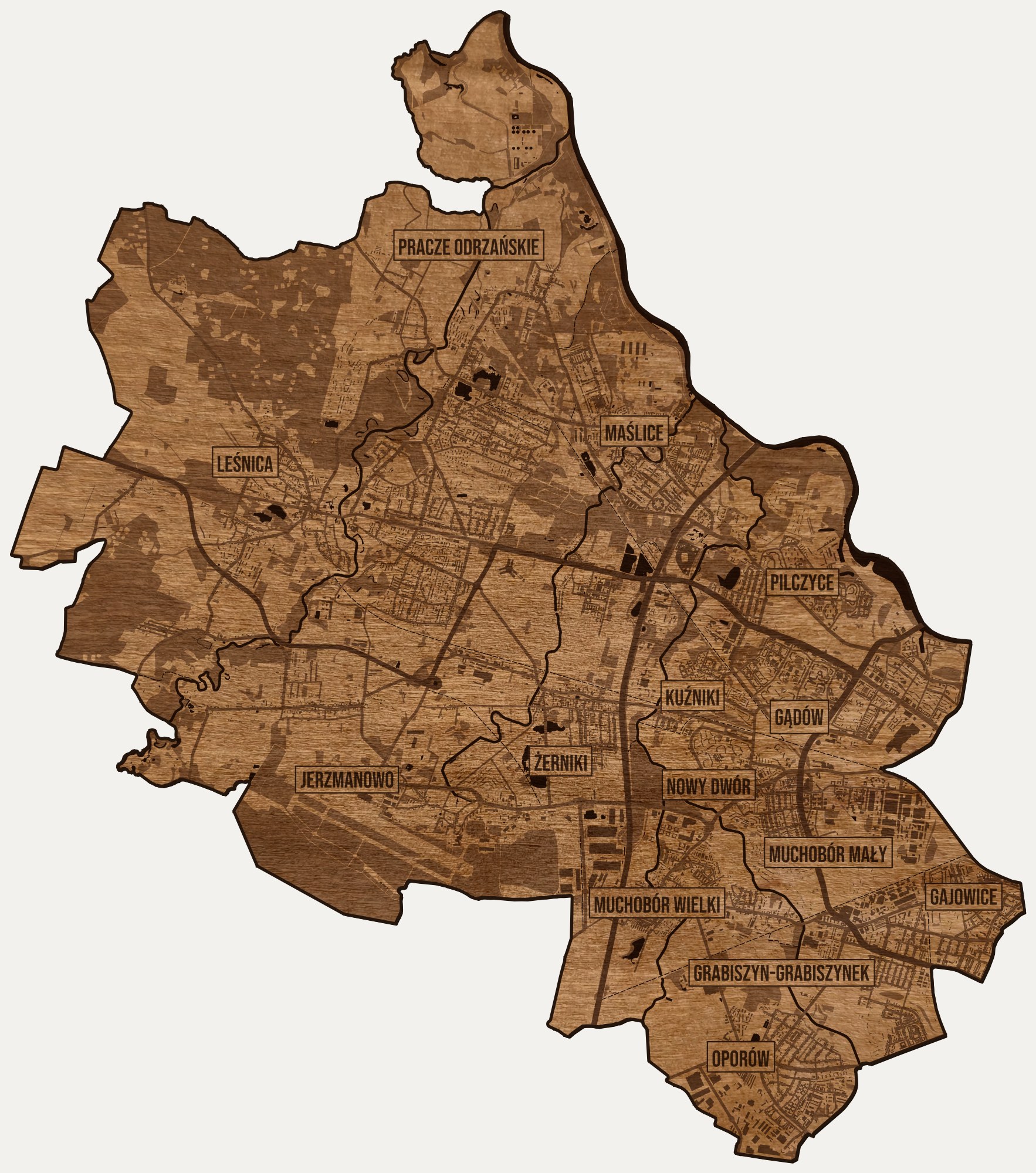 Drewniana mapa dzielnicy Fabryczna (Wrocław) na ścianę z jednego kawałka, granice osiedli wygrawerowane