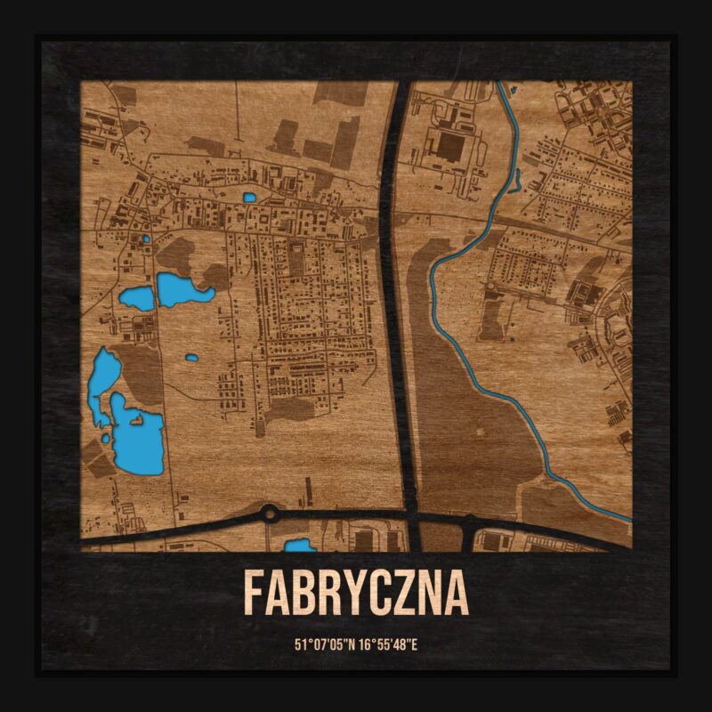 Fabryczna (Wrocław) - drewniana mapa dzielnicy z siatką ulic w ramce