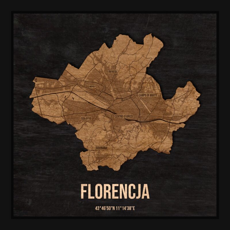 Drewniana mapa Florencji w ramce 25×25: kontur miasta na czarnej płycie, ulice, zabudowa, rzeki, granice i nazwy dzielnic