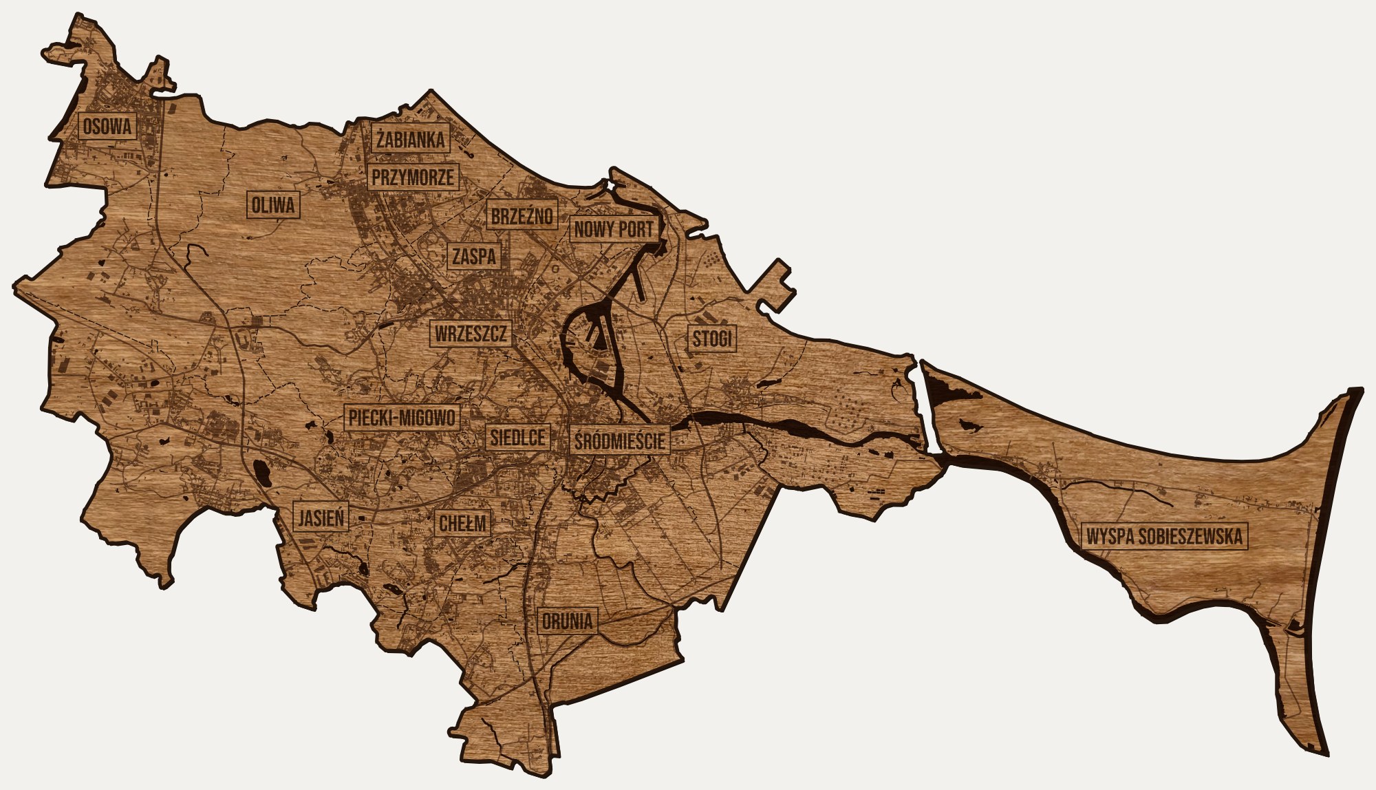 Drewniana mapa Gdańska na ścianę z jednego kawałka, granice dzielnic wygrawerowane