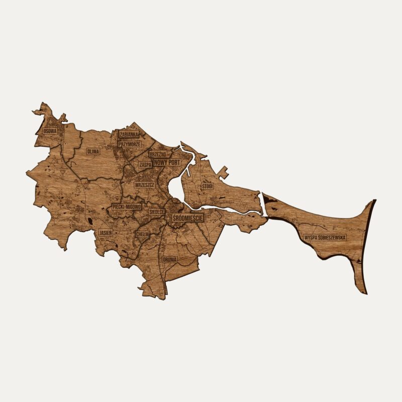 Gdańsk - drewniana mapa miasta na ścianę