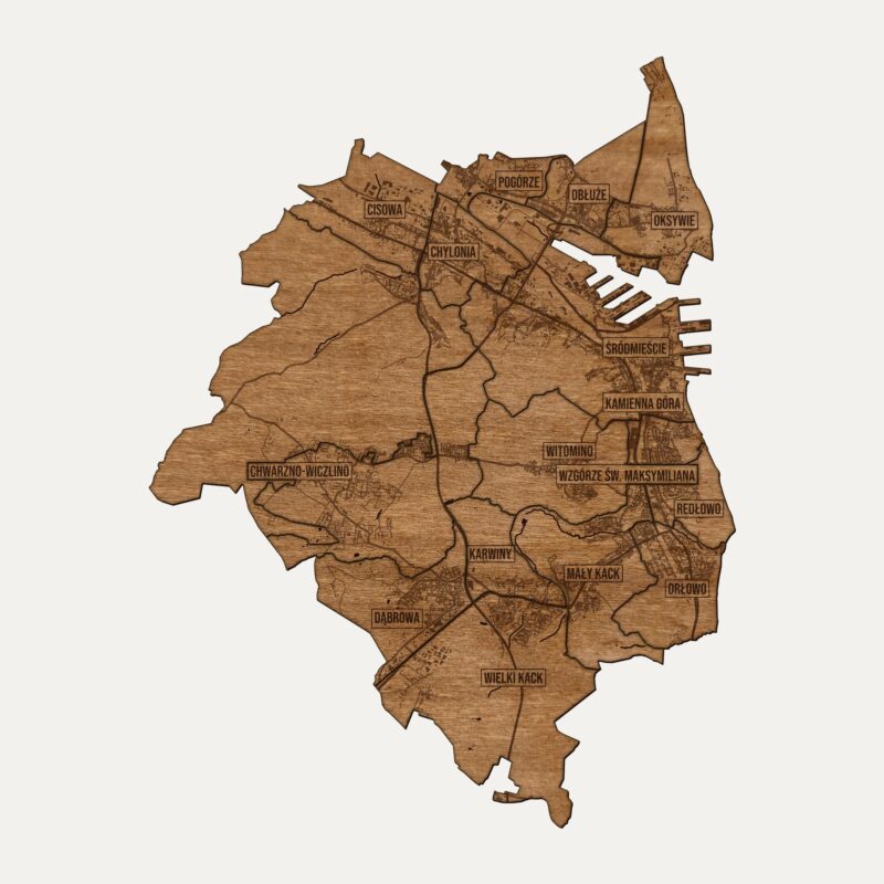 Gdynia - drewniana mapa miasta na ścianę