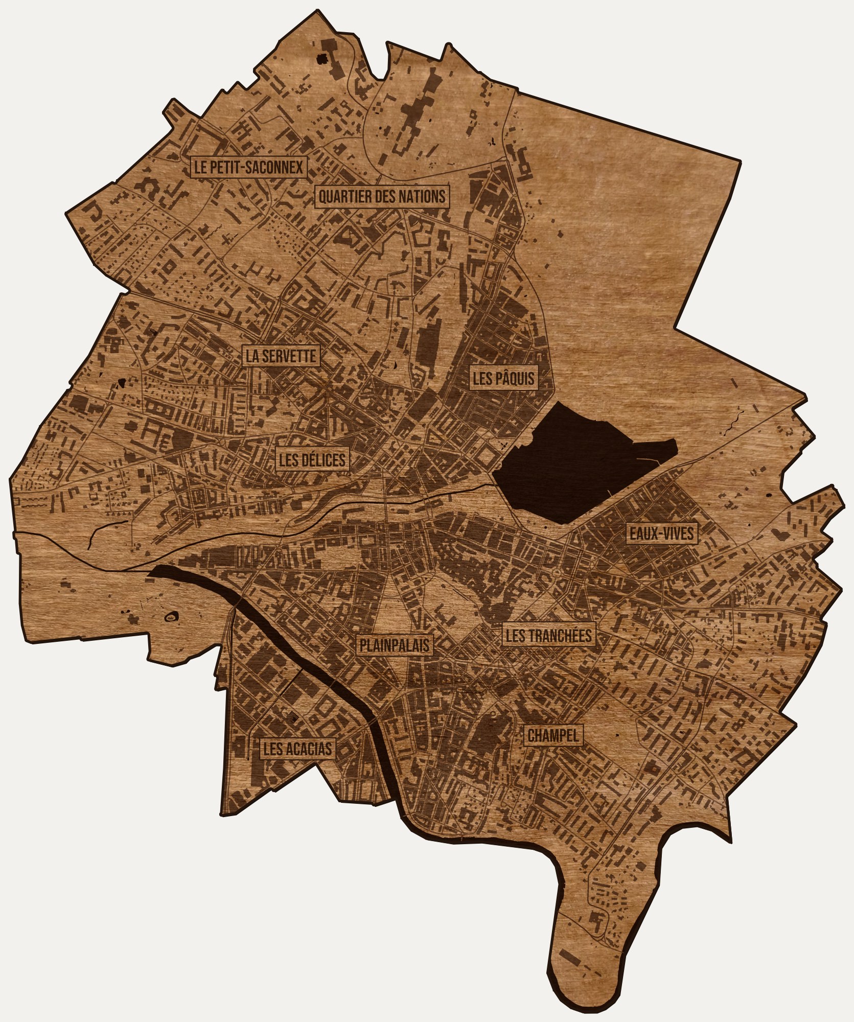 Drewniana mapa Genewy na ścianę z jednego kawałka, granice dzielnic wygrawerowane