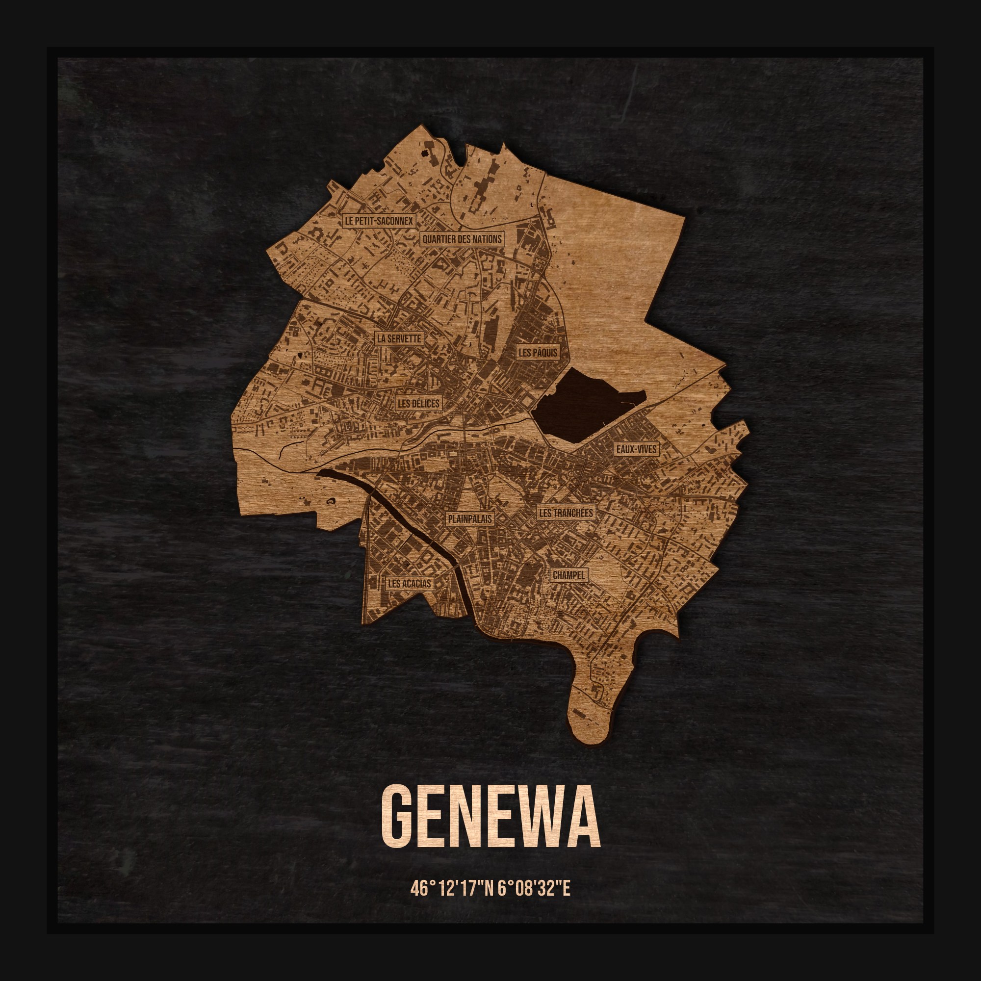 Drewniana mapa Genewy w ramce 25×25: kontur miasta na czarnej płycie, ulice, budynki, rzeki, granice i nazwy dzielnic