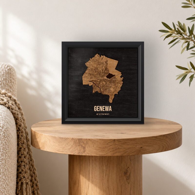 Genewa - drewniana mapa miasta w ramce