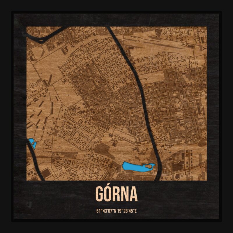 Górna (Łódź) - drewniana mapa dzielnicy z siatką ulic w ramce