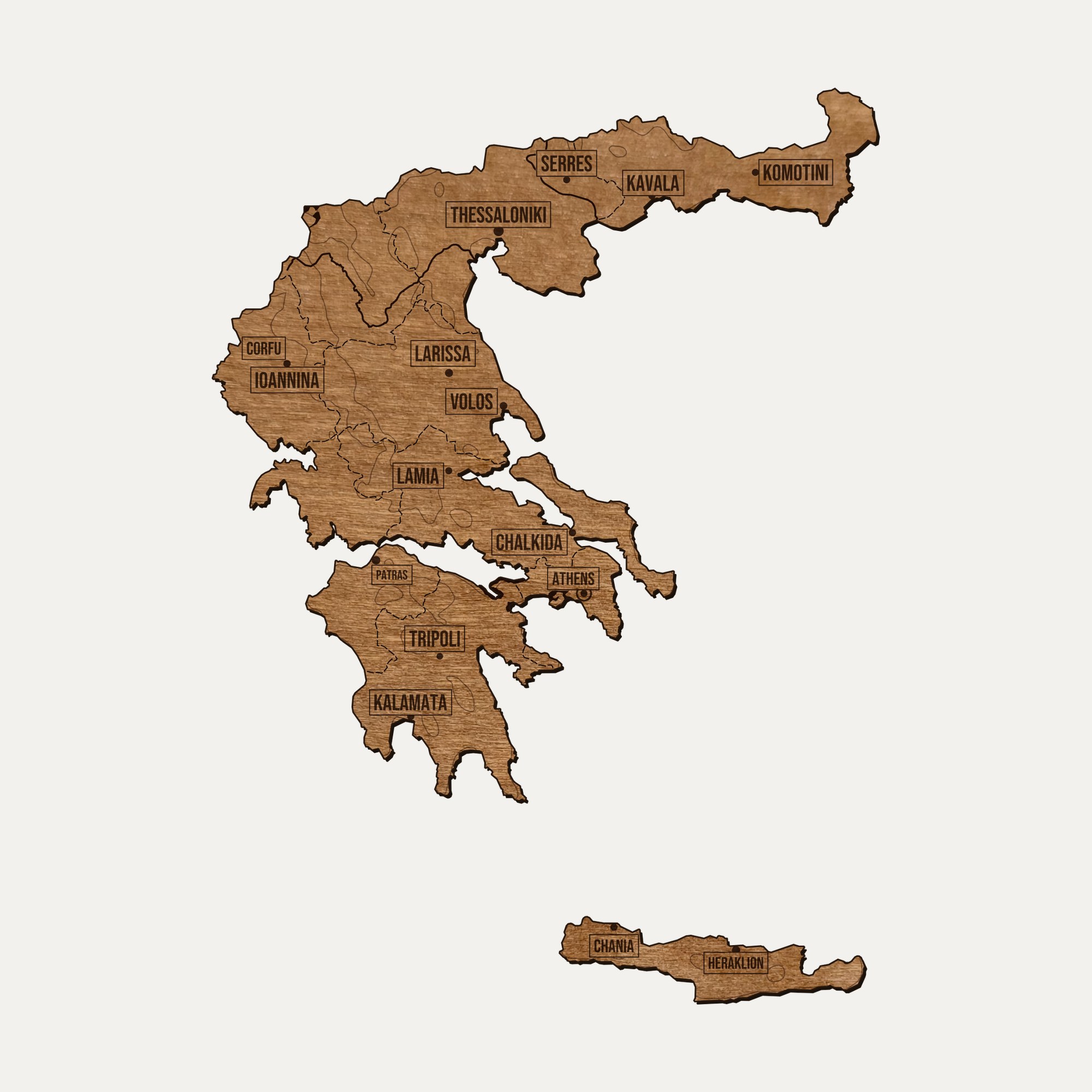 Drewniana mapa Grecji na ścianę: cały kraj pocięty na regiony, z grawerem
