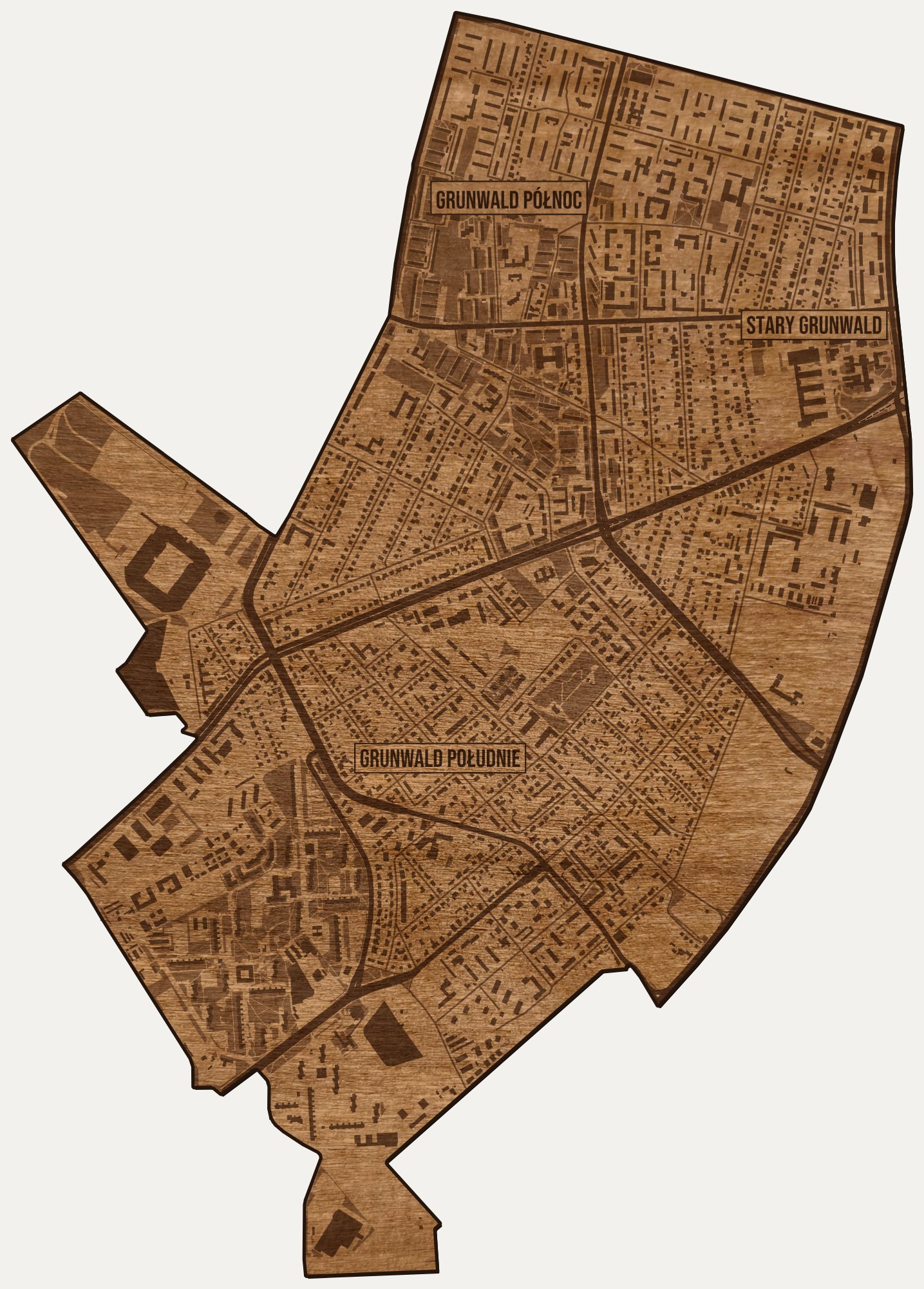 Drewniana mapa dzielnicy Grunwald (Poznań) na ścianę z jednego kawałka, granice osiedli wygrawerowane