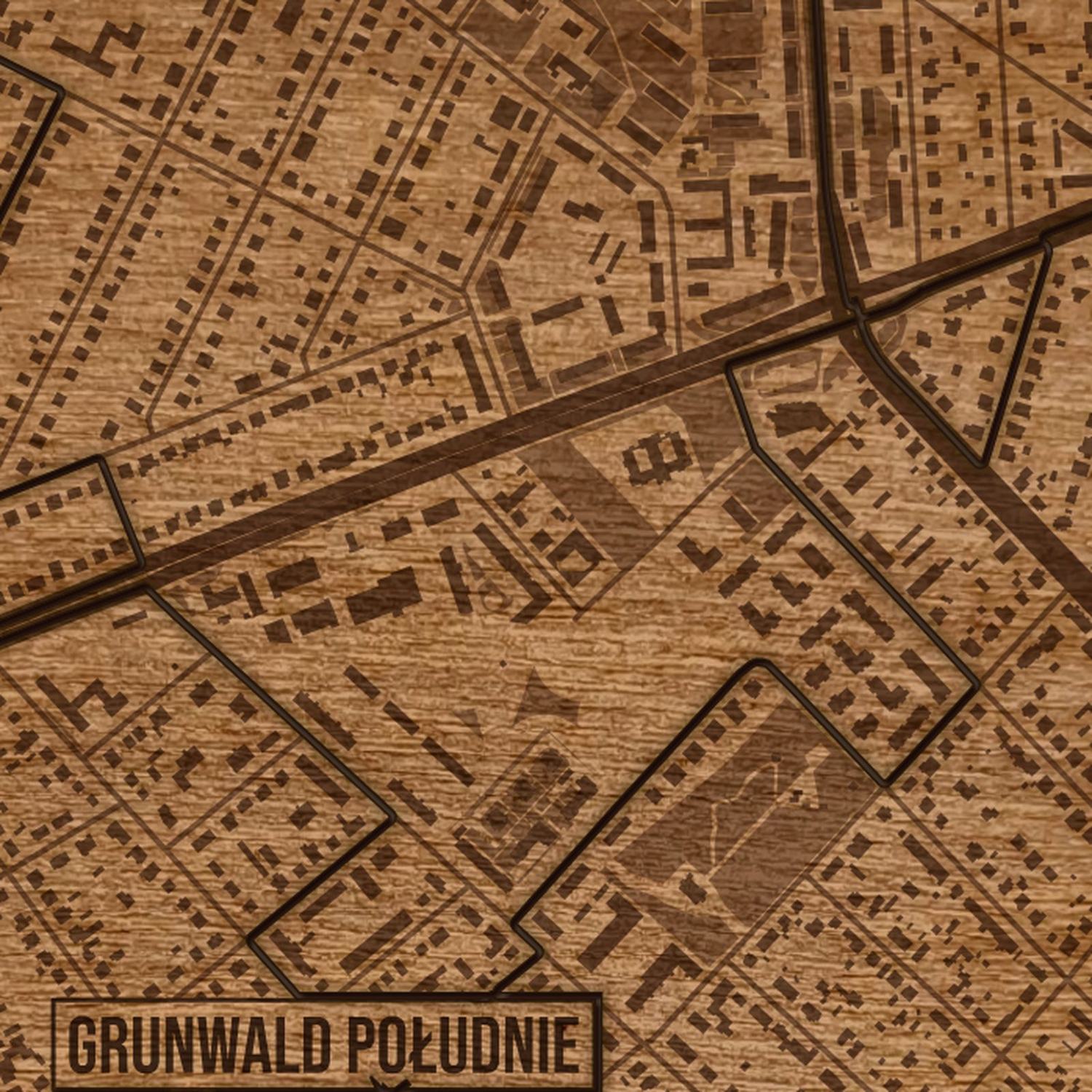 Grunwald (Poznań) - zbliżenie na grawer drewnianej mapy