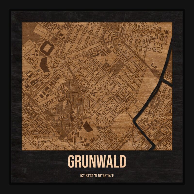 Grunwald (Poznań) - drewniana mapa dzielnicy z siatką ulic w ramce